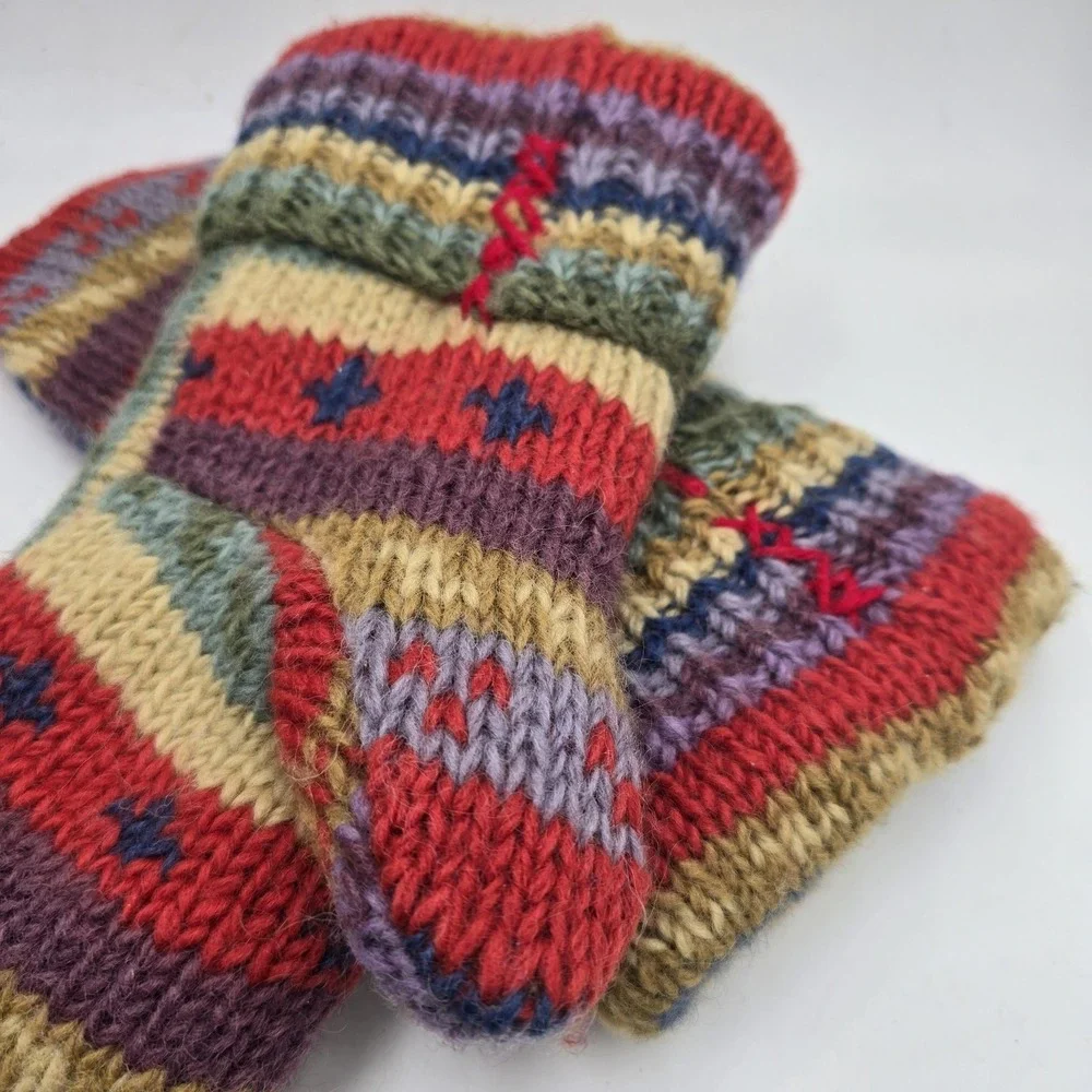 Hand Knit Wool Mittens‎ Fluffy Sherpa Lining Heavyweight Stripes Colorful Warm
